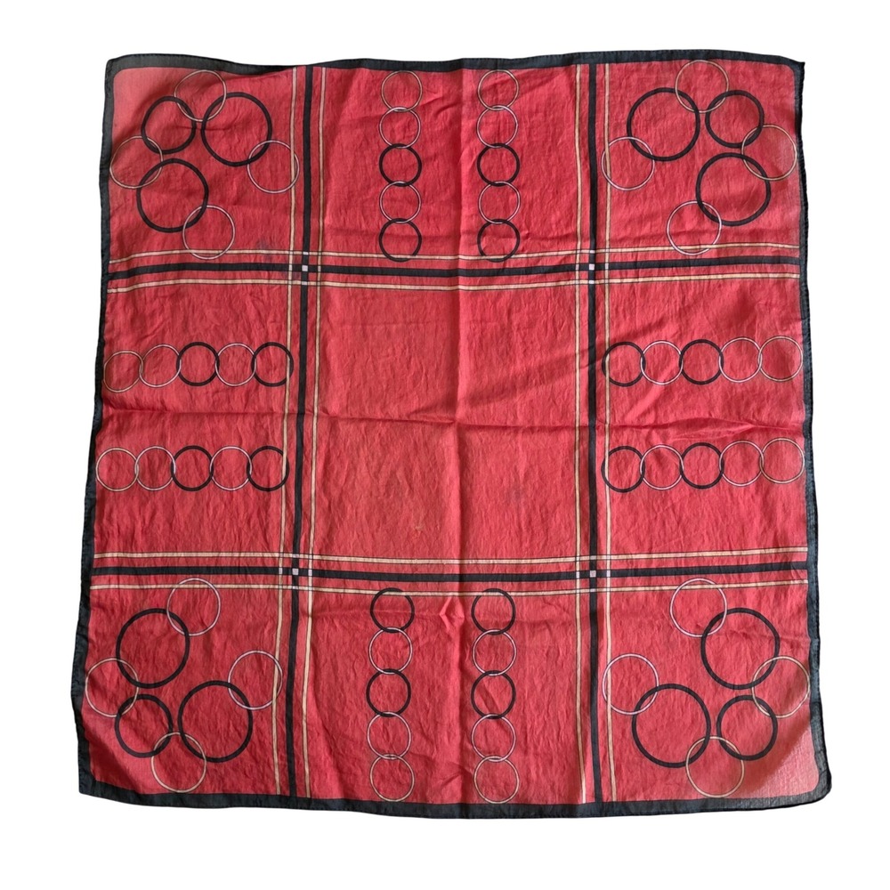Vintage 70s Japanese Red Geometric Circle Plaid Scarf 20x20 RN 20496